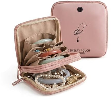 LAOYEFACAI Pequeño estuche de viaje para joyas Bolso organizador de cuero suave para brazaletes, pulseras, pendientes grandes, collares de perlas, resistente a los arañazos y portátil (pink)