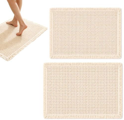 MIUUIPI Badteppich Set 2 Teilig, Boho Badezimmerteppich Waffeloptik, rutschfeste Badematte Waschbar, Weicher Duschvorleger für Bad Dusche Waschbecken, 46 x 77 cm + 43 x 61 cm (Beige)
