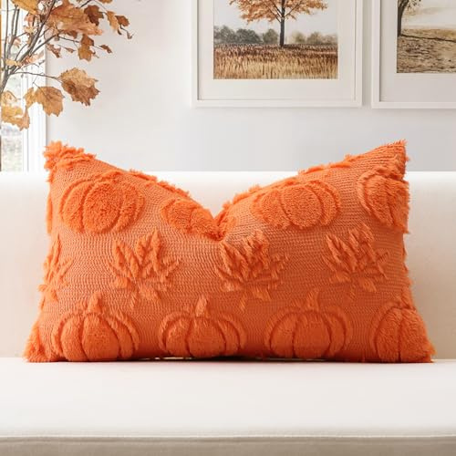 Artscope Höst kuddfodral set med 1 höst pumpa lönnlöv prydnadskudde överdrag för soffa bäddsoffa vardagsrum mjuk plysch kort ull sammet örngott för halloween 30 x 50 cm orange