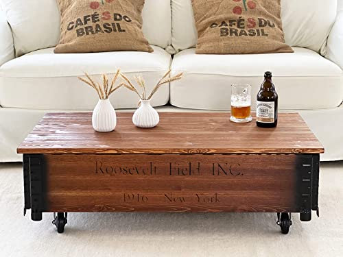 Uncle Joe´s Couchtisch mit Stauraum | Roosevelt Truhentisch Truhe mit Deckel | Vintage Möbel | Massiv-Holz Kiefer | Nussbaum Braun | 58T x 100B x 31H cm