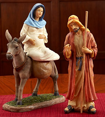 Three Kings Gifts Holy Family Traveling to Bethlehem, Joseph, Mary, Donkey, Flat Base for Stability, Home Decorating Christmas Nativity Scene Sets & Figures, 3-Pieces, for 7 inch Scale Collection