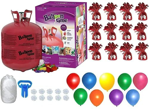 BLUE RIBBON Helium Tank with 50 Balloons and White Ribbon + 12 Red Weights + Plus Tying Tool