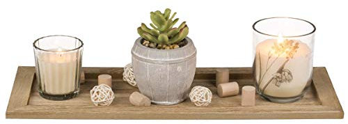 Out of the blue Assiette en Bois de Couleur Naturelle avec 2 Bougies en Verre, Plante grasse en Pot en céramique et décoration en Bois