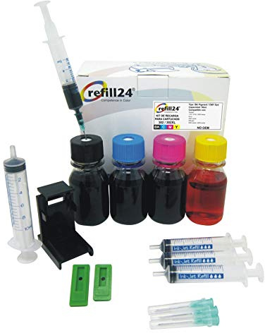 refill24 Nachfüllset: Nachfülltinte 240 ml kompatibel für Druckerpatronen HP 302, 302 XL Schwarz und Farbe Multipack + Zubehör + Anleitung, Refillset mit Druckertinte für DeskJet OfficeJet Envy