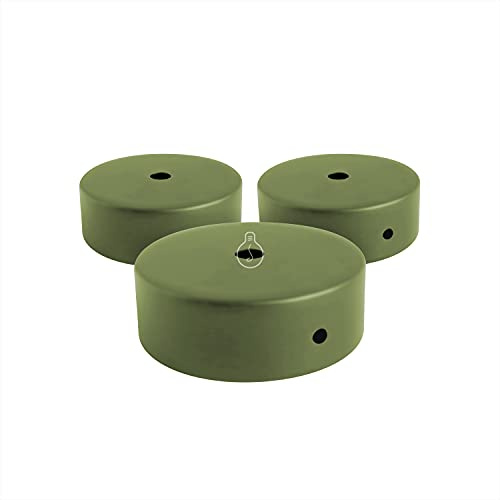 Amarcords - 3 Rosoni Lampadario in metallo, coprifili per lampada completo di accessori fermacavo viti e staffa da soffitto. Diametro 77mm altezza 26mm colore KAKI