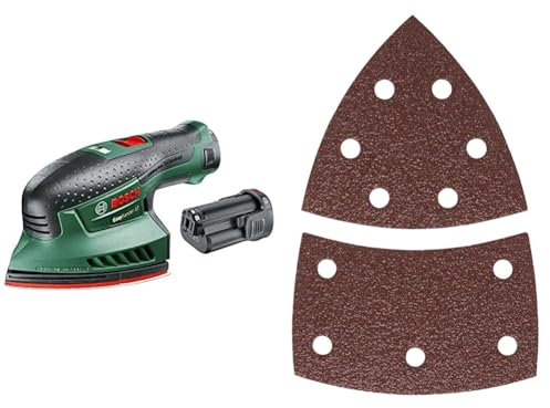 Bosch Akku Multischleifer EasySander 12 (2 Akku, 12 Volt System, im Koffer) + 10 Stück Schleifblatt (für Farbe, Lack, Hart-/Weichholz, Spanplatten, Metall, Rost, Korn 80)
