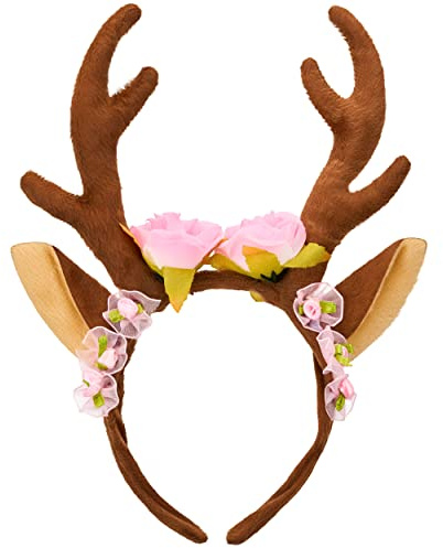 Balinco Rentier Haarreif mit Ohren, Geweih & Blüten, Blumen, Blümchen, Reh, Hirschgeweih, Tier Hörner, Kostüm Damen, Halloween, Karneval, Fasching, Weihnachten, Fotobox Accessoires