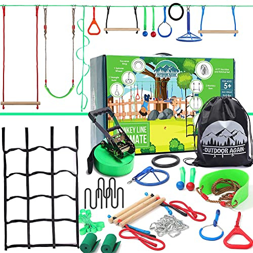 Ninja Warrior Obstacle Course for Kids – 2 x 65ft Slackline with 13 Obstacles, Weatherproof, Adjustable Difficulty, Safe Setup on Trees or Posts, Supports Up to 880lbs, Fun Outdoor Ninja Training