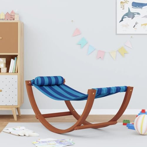 Festnight Schaukelhängematte für Kinder,Kinderliege Hängesessel Hängematte Kinder Schwingsessel Hängematte Mit Gestell Holz Blau Streifen Stoff