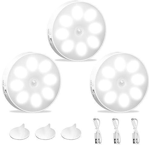 KEWUZY 3-pack Luz Nocturna Sensor Movimiento, Luz LED Recargable USB, Luz Armario, 8 LED, 3 Modos (Auto/On/Off), Blanco Frío