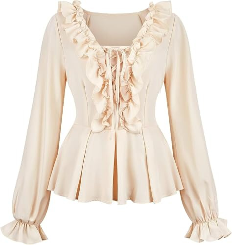 Dam Blusar & skjortor UK Renaissance Dam Topp Långärmad V-hals Rufsar Tunika Elegant Formell viktoriansk medeltida Khaki Cream M