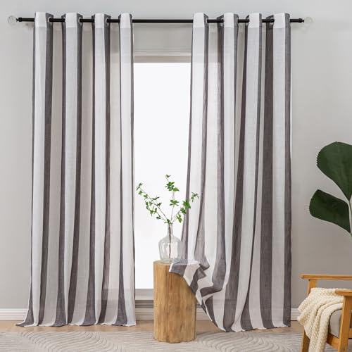 L.Z.E Streifen Vorhänge Kurz Modern, Leinenoptik Gardinen mit Ösen für Wohnzimmer Schlafzimmer Fenster, Anthrazit Schwarz Weiß Gardinen und Vorhänge Landhaus Stil, Halbtransparent 175 cm Lang, 135g/㎡