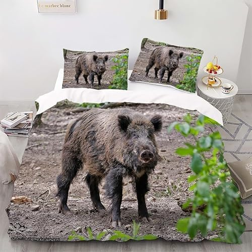 Bettwäsche 155x220 Wildschwein 3D Muster Tier Bettwäsche-Sets 3 Teilig Weiche Microfaser Bettbezug Set mit Reißverschluss und 2 Kissenbezug 80x80 cm F1017