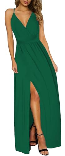 JENJON Damsommarklänning, elegant off-shoulder, kortärmad utan arm, V-ringning, tunika, maxiklänningar, casual, hög midja, fållslits, cocktailklänning, A-grön, XXL