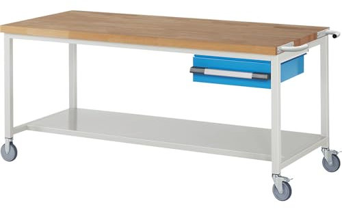 eurokraft | Fahrbare Werkbank Serie 8000 | Gestellbauweise | 1 Hängeschublade | Ablageboden | BxT 2000 x 900 mm