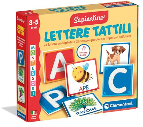 Clementoni Sapientino Montessori – Taktile Buchstaben – Lernspiel 3 Jahre, Flashcards Montessori, Lernkarten auf den Buchstaben, Lernen des Alphabets, Entwicklung der Sprache, Made in Italy, 16855