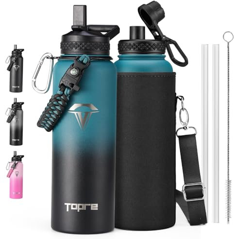 Topre 40oz Insulated Water Bottle,Stainless Steel Vacuum Water Bottle, BPA-Free & Leakproof -with Paracord Handle,Strap,Straw Spout Lids,Large Water Jug for Gym Sports