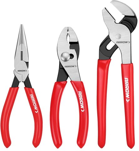 ARROW 3PCS Pliers Set, 6 Needle Nose Pliers, 6 Slip Joint, 8 Groove Joint with Non-slip Handle, Premium Carbon Steel, for Daily Repair & Home Maintenance