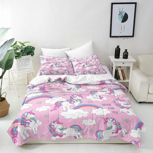 ANHOPE Einhorn Bettwäsche Set 2 Teilig Cartoon Regenbogen Einhorn Bettbezug 100x135 cm + Kissenbezug 40x60 cm Weich Microfaser Bettbezüge mit Reißverschluss Ganzjahres Bettdeckenbezug Set