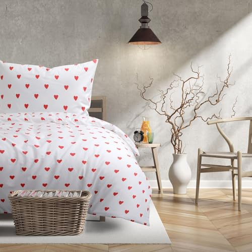 Trautesheim Bettwäsche Set mit Herzenmotiv (2-teilig) – Bettwäsche 135x200cm mit Kissenbezug 80x80cm – Bettbezug aus 100% nachhaltiger Baumwolle