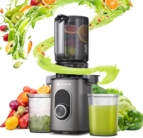 AAOBOSI Juicer with 110 mm opening, slow juicer for vegetables and fruits, high juice yield, electric juicer with reverse function, easy to clean, BPA-free, includes brush and 2 cups