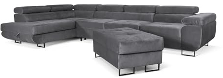 SOFILAND Aller Lang XL Modernes Design Ecksofa mit Schlaffunktion, Bettkasten in Ottomane, Hocker mit Stauraum – Tierfreundlicher Waterproof-Welvet, inkl. 2 runde Kissen, Ottomane Links. (Grau)