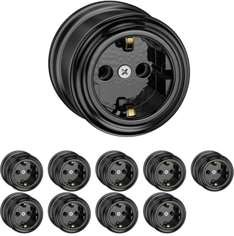 ledscom.de 10 tomas de corriente para montaje en superficie de porcelana PORS, negro brillante, redondas, ⌀ 65 mm