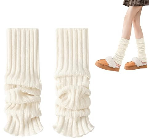 MINGRUO Beinwärmer für Damen, Winter Leg Warmers, Bein-Stulpen Beinstulpe, Damen-Beinwärmer für Gestrickte Legwarmers, Warme Stulpen Damen mit Wolle (Schwarz, 49cm) (Weiß, 49cm)