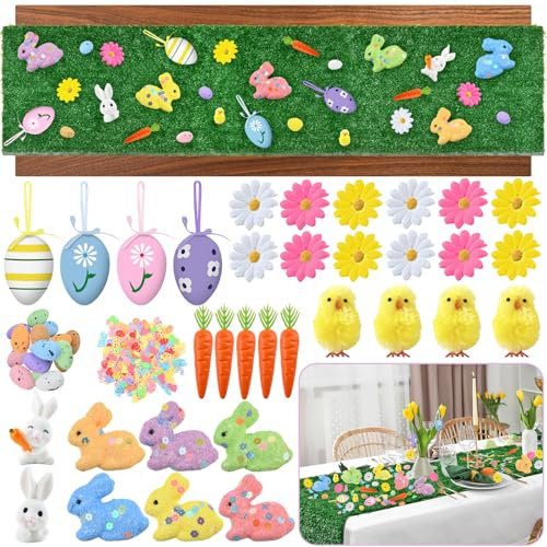 Abitoncc Easter Table Decorations Easter Artificial Grass Table Runner 150*40 cm, Easter Plastic Eggs, Mini Chicks, Faux Grass Runner for Spring and Summer Time Tea Party Easter Decorations for Table