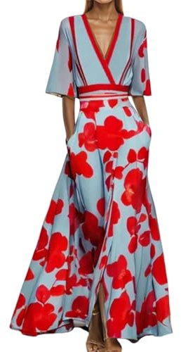 ORANDESIGNE Abito Floreale Donna Casual a Mezza Manica Vestito Donna Lungo Vintage a Fiori con Scollo a V e Vita Alta Abito Elegante per Estate A Rosso L