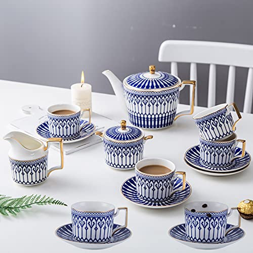 11 Pezzi Set da tè in Porcellana Castello Tazze da caffè e piattino Set da caffè in Ceramica con teiera, zuccheriera, brocca per la lattiera, 11 Pezzi (15 Pezzi)