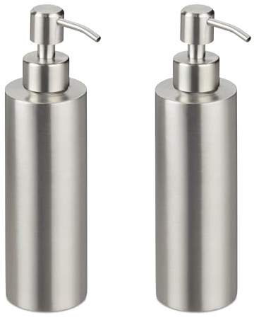 Relaxdays tvåldispenser, set med 2, 300 ml, rostfritt stål, påfyllningsbar, för vätskor, badrum och kök, pump, silver