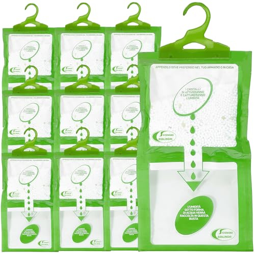 Sicignano | Set 10 Deumidificatori con Appendino 2 in 1, Anti-Umidità e Anti-Odore, Capacità 500 ml, Ideale per Armadi e Ambienti Domestici, Fragranza Aloe Vera