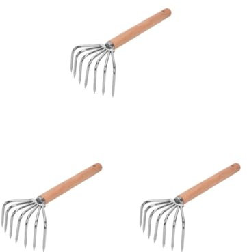 Lot de 3 râteaux à main avec manche en bois - Outil de jardinage pour plantes de jardin - Long manche 7 dents