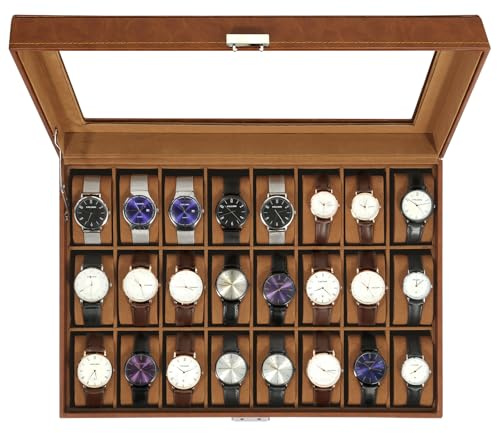 Uten Caja de Relojes con 24 Compartimentos, Caja para Reloje PU, Cerradura con Llave, Tapa Vidrio, Forro Terciopelo Marrón, para Exhibición y Almacenamiento Relojes Joyería