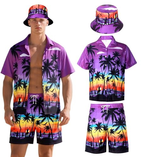 Moerstar 3 Pièces Chemise Hawaïenne Manches Courtes pour Homme avec Short Chapeau, Chemisette Hawaienne Homme Palmiers Océan pour l'Été la Plage les Fêtes (Violet, L)