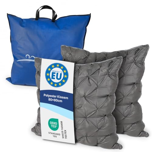 MKS Uppsättning av 2 kuddar 80 x 80 cm – fast och stödjande sängkudde med 1 600 g mikrofiberfyllning, 100 % bomullsöverdrag, tvättbart och andningsbart, sovkuddar för sidosovare och allergiker