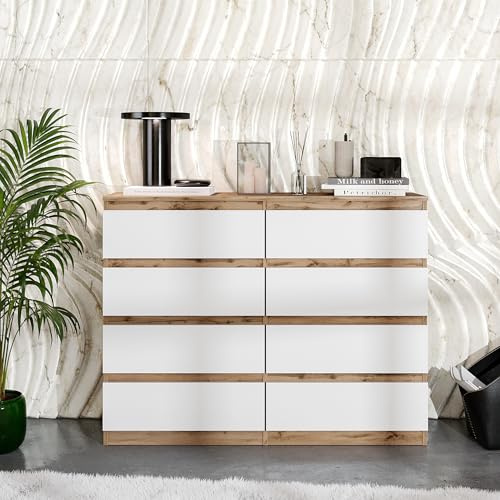 Furnica Cassettiera Moderna 120cm con 8 Cassetti – Sideboard/Comò 120x92x33cm (Rovere Wotan/Bianco opaco)