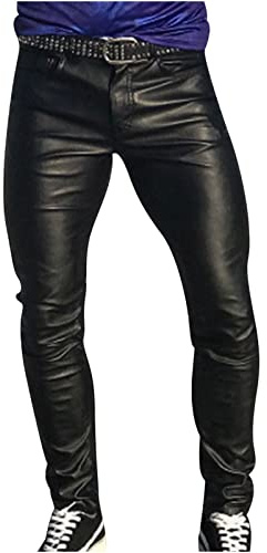 Mens Leather Trousers UK PU Punk Trouser with Pockets Retro Gothic Casual Pants Slim Fit Stretch Tights Skinny Full Length Bottoms Dance Night Club Motorbike Clothes for Men