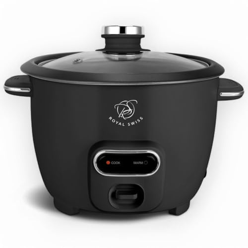 Royal Swiss® Cuiseur à Riz 1,8L – Cuiseur Vapeur Automatique avec Fonction Maintien au Chaud, Revêtement Antiadhésif, Bol Amovible & Couvercle Transparent – 650w (Noir, 1.8 L)