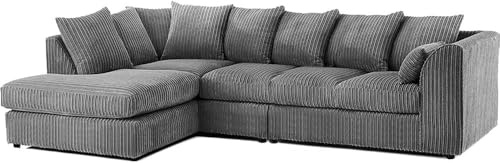 Modular 3+2 Settee Set - Elegant 4 To 5 Seater L Shape Left & Right Hand Corner Sofa - Comfy jumbo cord Scatter Back Sofas - Swivel Round Cuddle Chair for Living Room (Grey, LH 5 Seater)