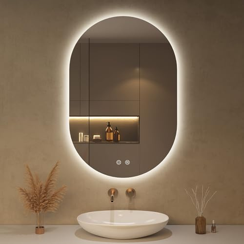 OUMUSU Badspiegel mit Beleuchtung Oval LED Badspiegel 50 x 75 cm mit Touch-Schalter, Dimmbar 3 Lichtfarbe Einstellbare, Landebahnförmig Beschlagfrei Badezimmerspiegel mit Beleuchtung, Bruchsicher