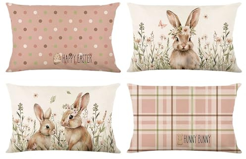 Artscope 4er Set Happy Easter Ostern Kissenbezüge 40x60cm Kaninchen Zierkissenbezug Wohnkultur Dekokissen Kissenhülle Sofakissen für Sofa (Rosa Gitter)