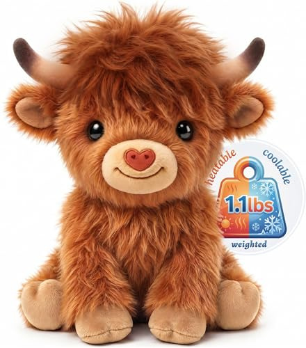 Mewaii Highland Cow Stuffed Animal, Weighted Stuffed Animal for Kids, Heatable & Coolable Scottish Cattle with Removable Heating Pad, Cute Soft Cow Gift for Kids & Women, 10 Inch 1.1 lbs