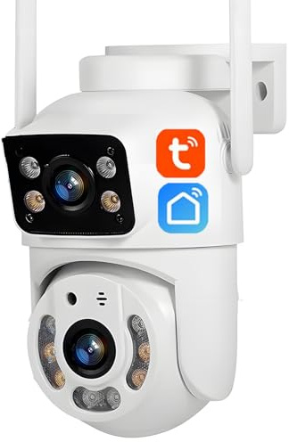 Tuya 5MP+5MP PTZ WIFI IP-kamera med dubbla linser, IP66 utomhusövervakningskamera med nattsyn och automatisk spårning, 2-vägs ljudövervakning,Camera