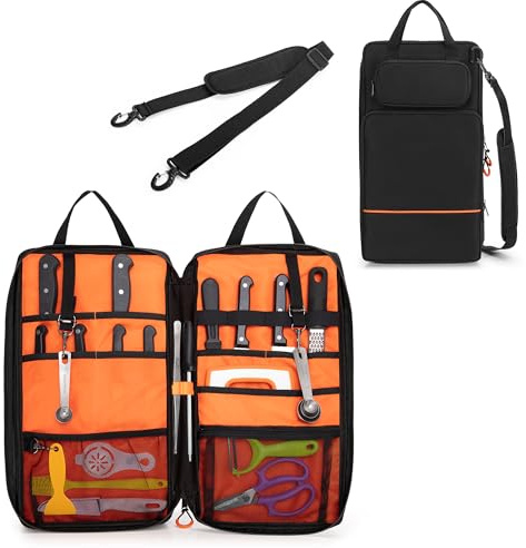 Damero Sac à Couteaux en Tissu Oxford 600D avec 9 Emplacements | Sac de Transport pour Couteaux de Chef, avec Poignée et Bandoulière Amovible, pour Set de Couteaux