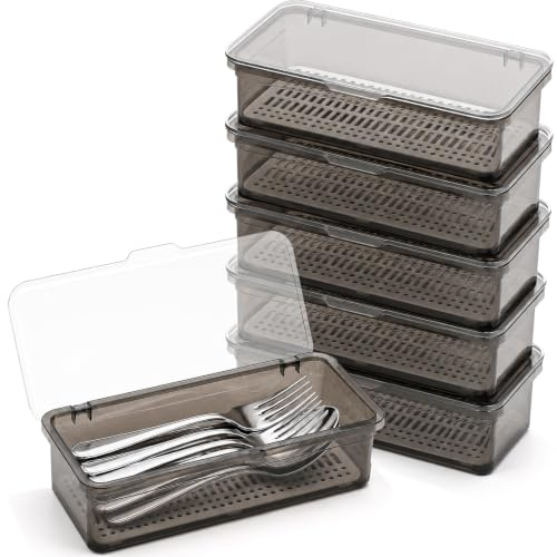 6Pcs Cutlery Organiser Boxes with Lids and Removable Drainer, 27 x 9 x 7 cm | Stackable Cutlery Storage Containers, Plastic Utensil Trays Drawer Organizers for Kitchen Cabinets Forks Spoons Chopsticks