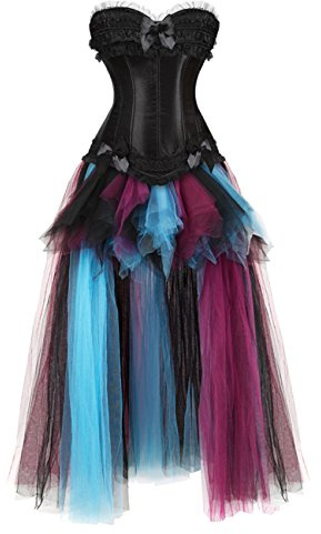 Grebrafan Gothic Lace up Boned Corsets with Long Tulle Skirt XL Black