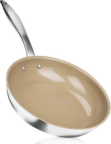 Duxtop Ceramic Non-stick Frying Pan, Stainless Steel Induction Frying Pan, 9.5-Inch Stir Fry Pan with Heavy-gauge Impact-bonded Bottom, FUSION Ti