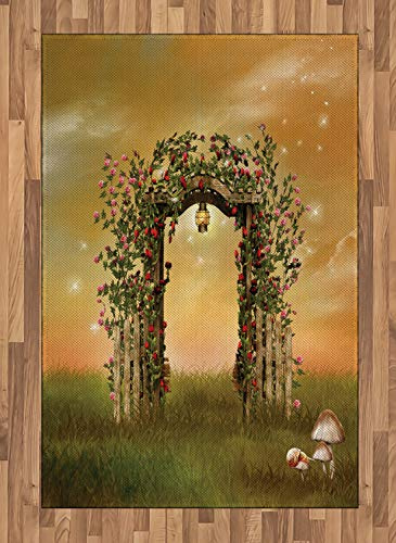 Ambesonne Fantasy Area Rug, Rustic Door with Burgeoning and Blossoming Flowers on Wooden Fence, Flat Woven Accent Rug for Living Room Bedroom Dining Room, 4' X 5' 7, Pale Brown and Green Brown